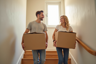 Jeune couple portant des cartons dans un escalier ensoleille