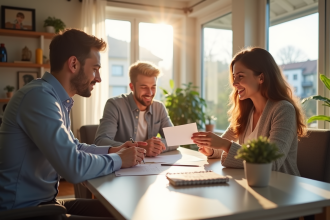 Jeune couple signant un contrat immobilier avec un conseiller