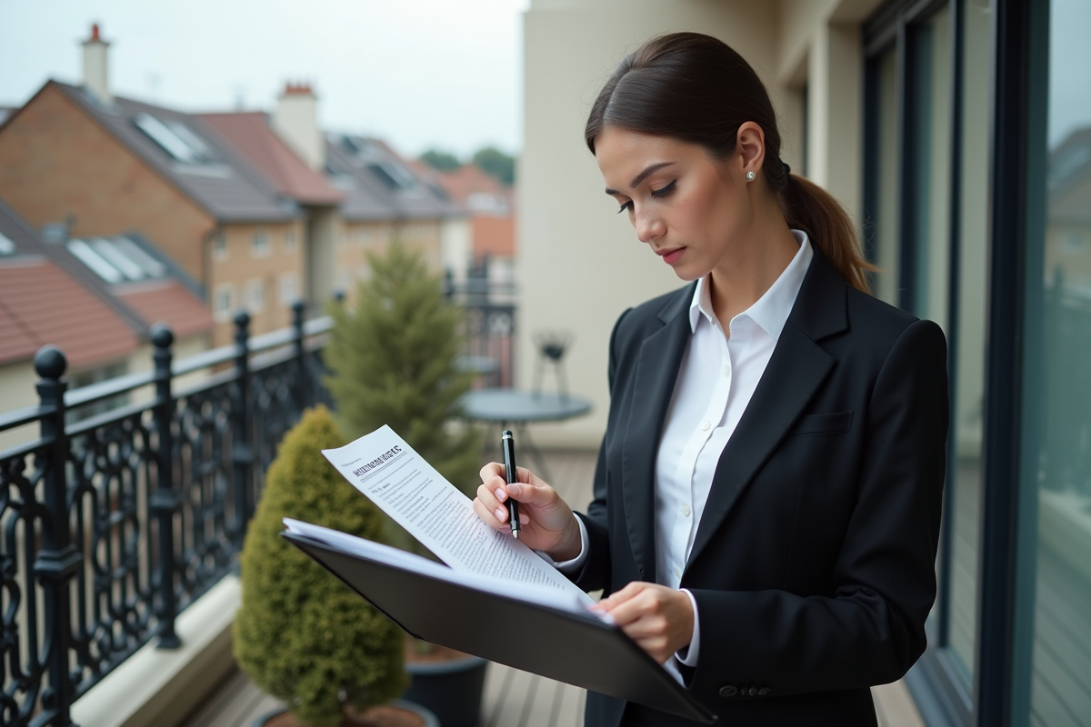 Jeune femme lisant un contrat de location sur balcon