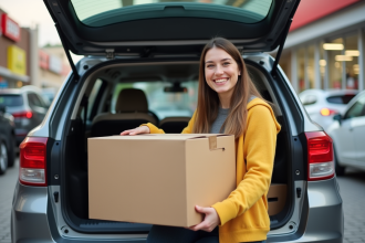 Jeune femme souriante empilant des cartons vides dans la voiture