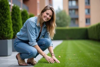 Jeune femme souriante inspectant la pelouse d'un appartement moderne