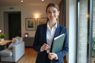 Jeune femme en costume tenant un contrat de location et clés