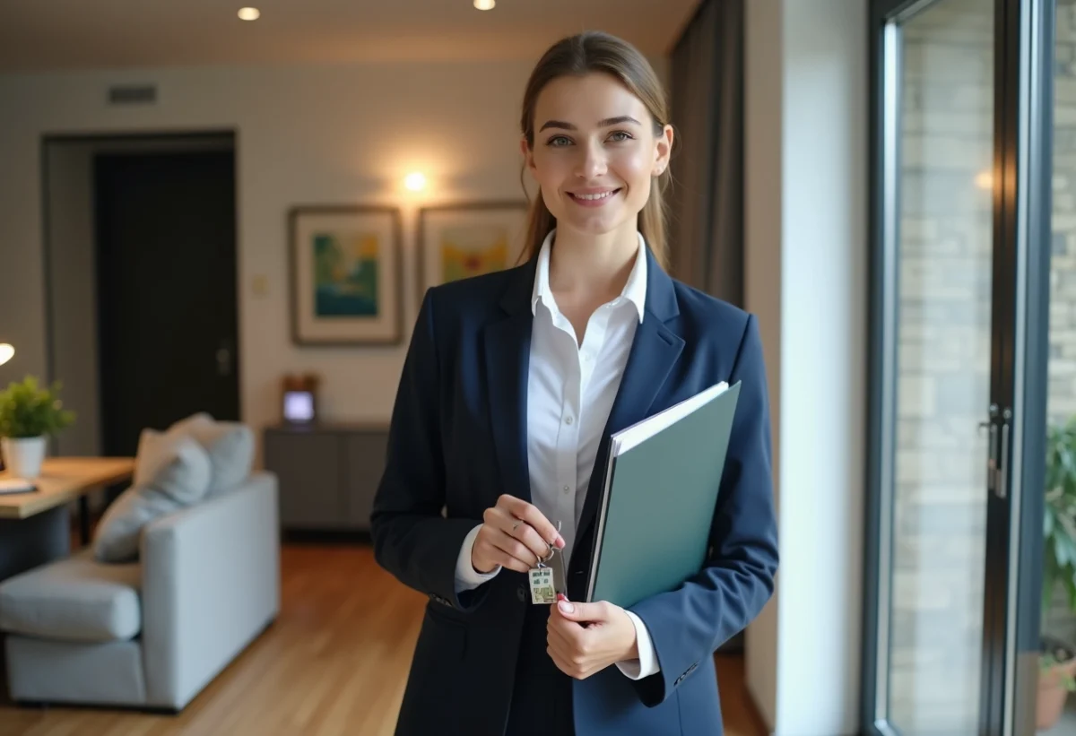 Jeune femme en costume tenant un contrat de location et clés