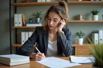 Jeune femme au bureau remplissant un dossier logement