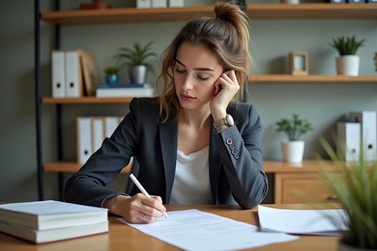 Jeune femme au bureau remplissant un dossier logement