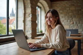 Jeune femme souriante travaillant sur un laptop dans un appartement moderne