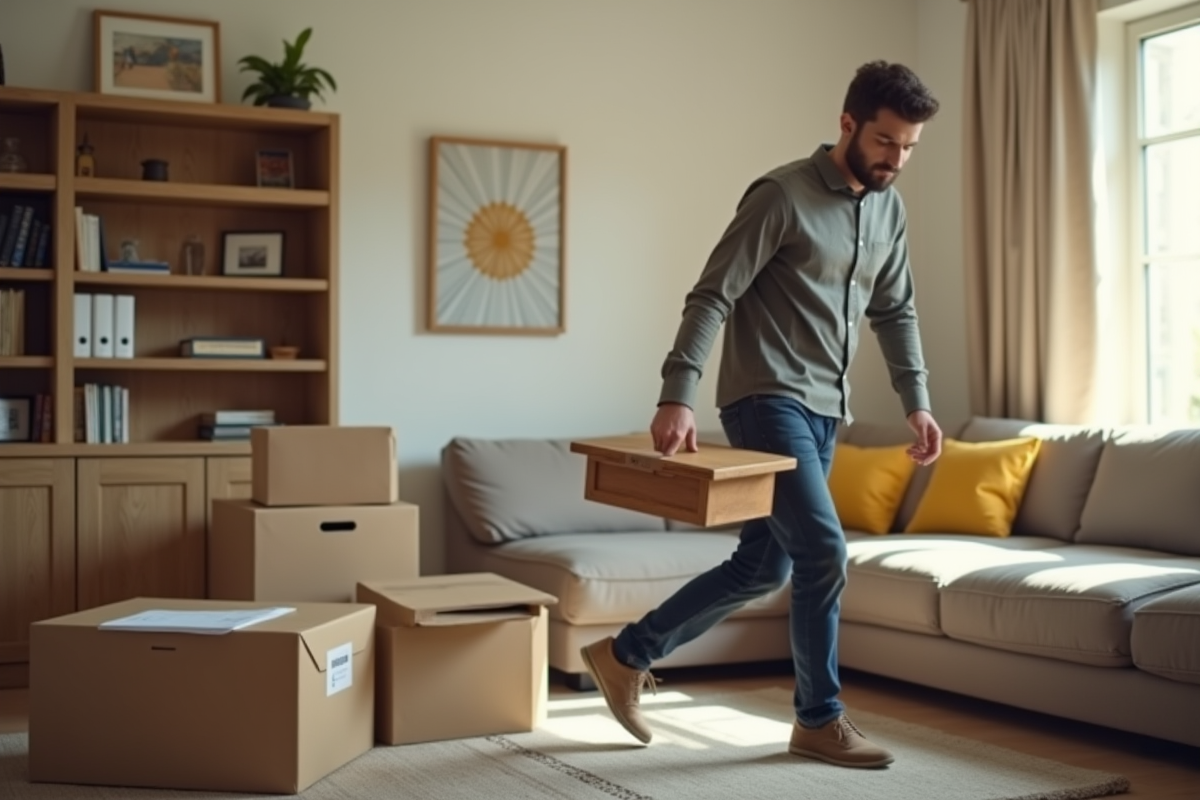 Un jeune homme transporte une petite table dans un salon lumineux avec dossier notaire