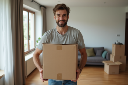Jeune homme soulevant une caisse en carton dans un appartement