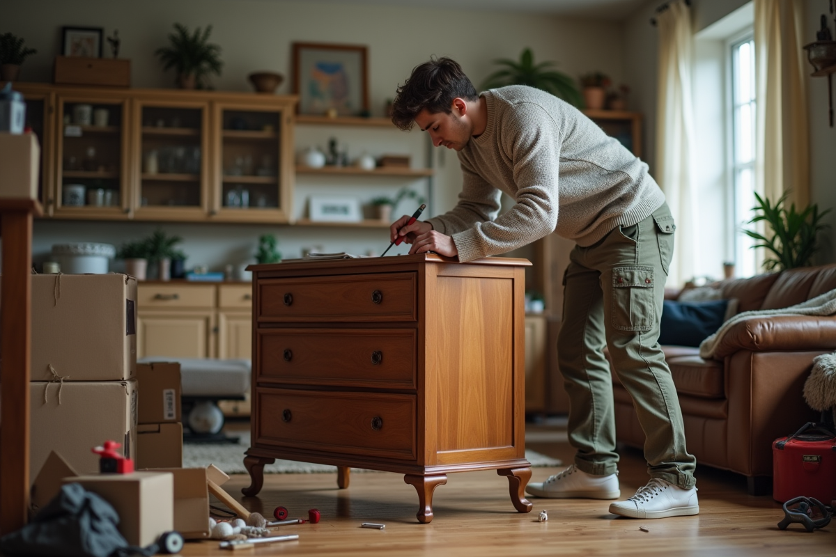 Jeune homme démontant une commode vintage dans un salon