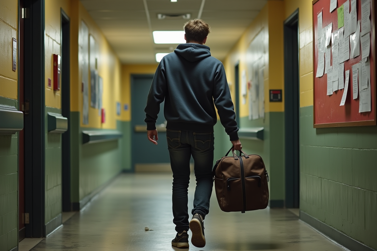 Jeune homme en sweat à capuche portant un sac dans un couloir d