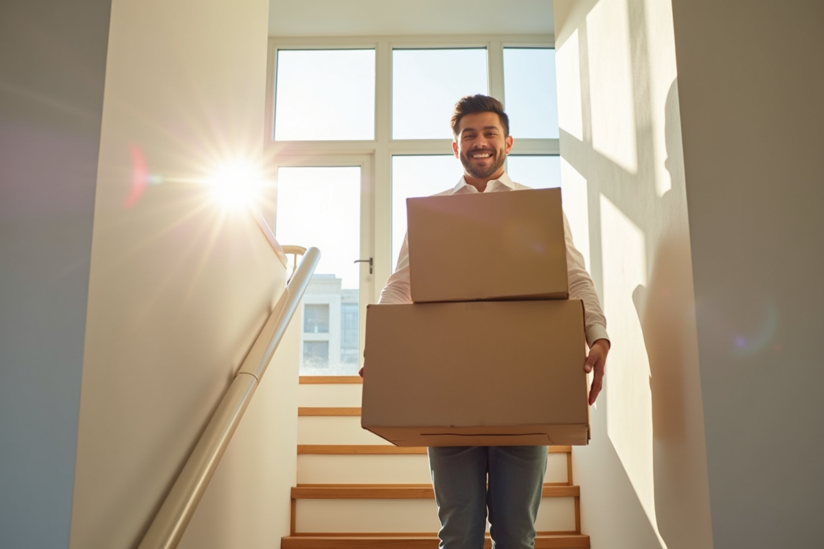 Jeune homme portant caisses dans un appartement lumineux