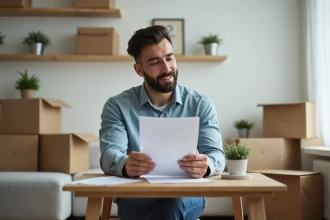 Jeune homme relisant des documents de location dans son appartement