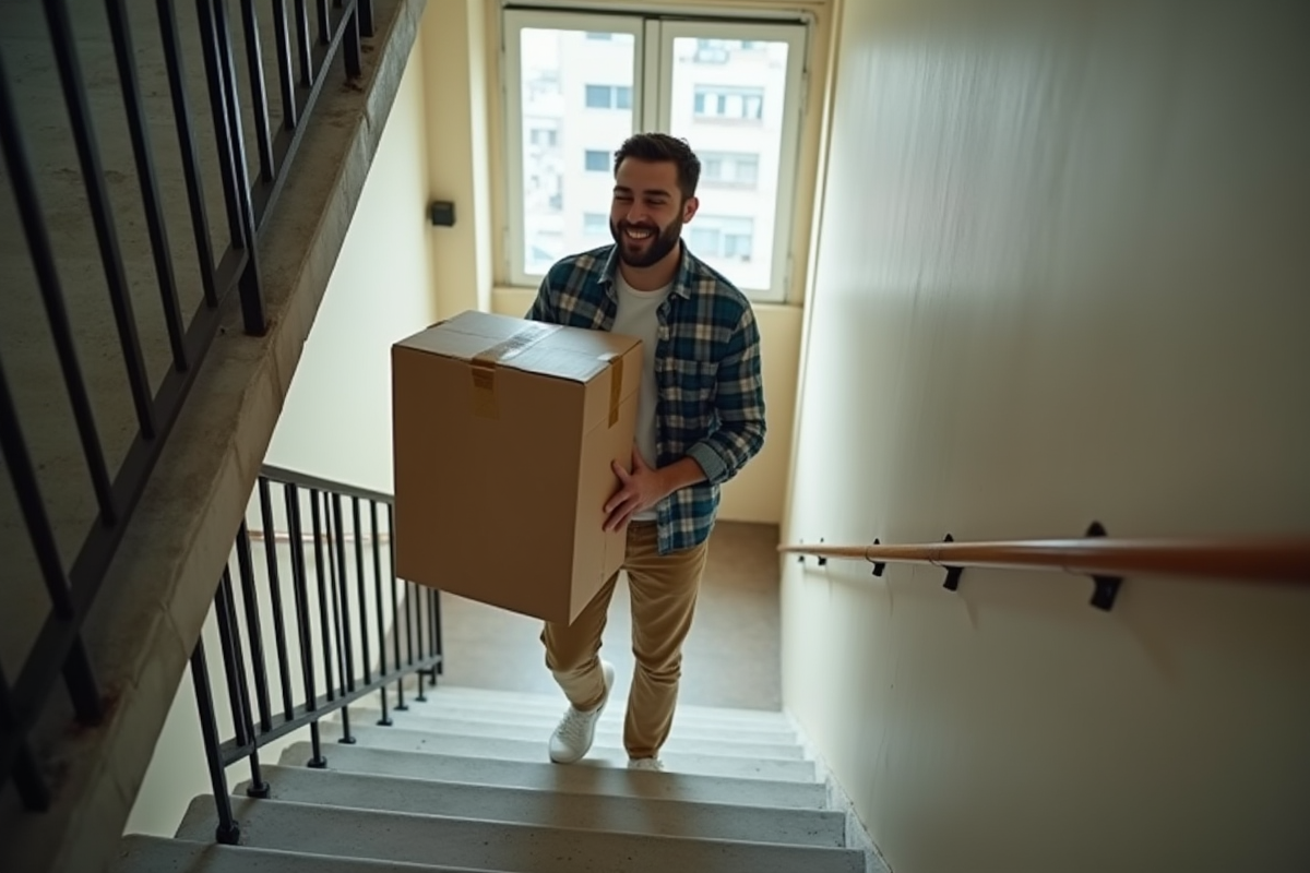 Jeune homme portant une grande boîte dans un escalier d