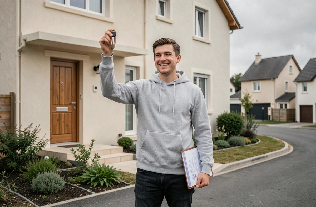 Jeune propriétaire devant sa maison neuve acquise grâce au prêt CASDEN combiné au PTZ en zone périurbaine