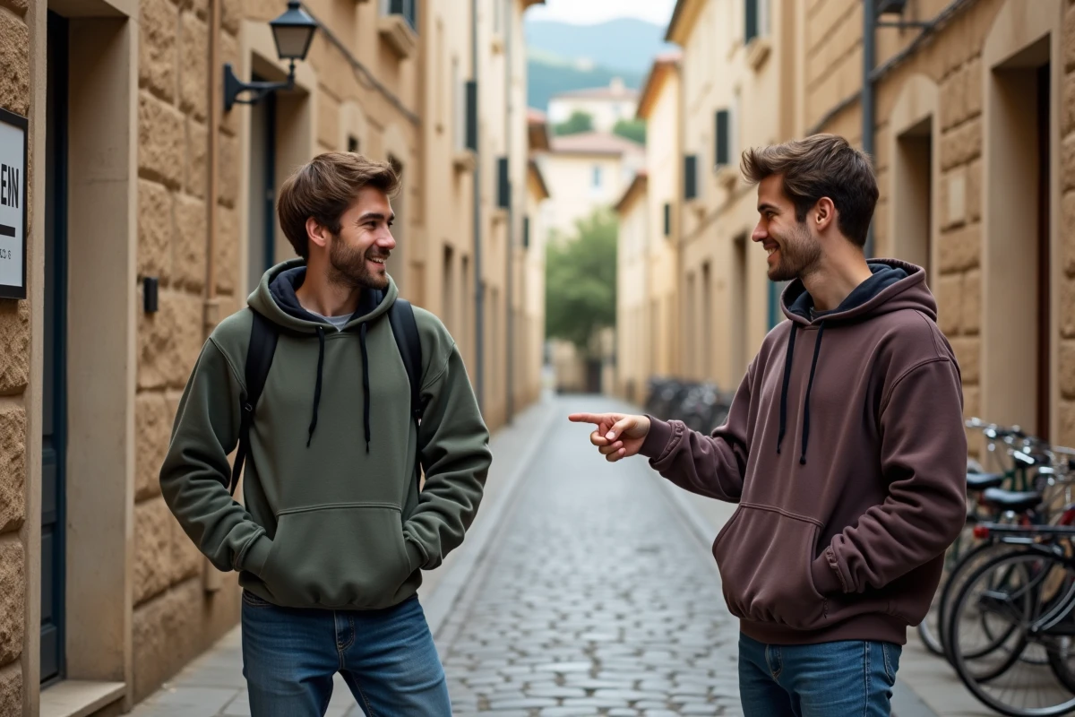 Deux jeunes discutant devant une annonce de location dans un village