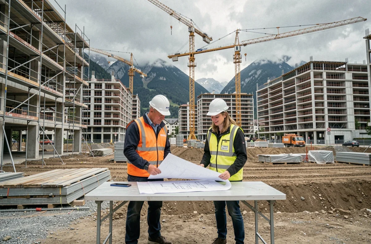 Chantier de construction résidentielle à grande échelle en Isère sous la supervision de chefs de projet Linkcity, filiale de Bouygues Construction.