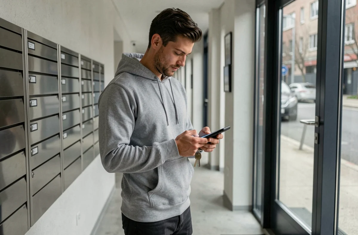 Locataire consultant son espace MyFoncia sur smartphone dans le couloir de son immeuble