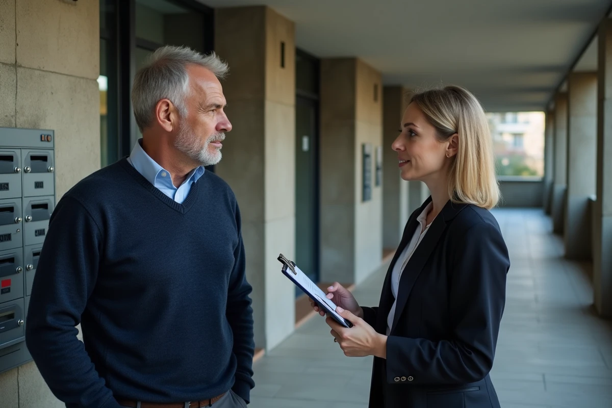 Locataire discutant avec un gestionnaire immobilier dans le couloir d'un immeuble en zone tendue