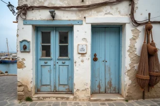 Façade d'une petite maison de pêcheur à vendre dans un port authentique avec volets bleus délavés et mur en pierre blanchie