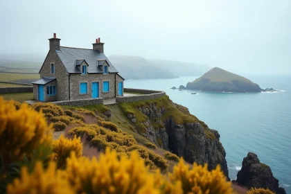 Maison en pierre bretonne avec volets bleus sur une falaise du Finistère face à l'océan Atlantique
