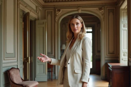 Femme présentant les caractéristiques architecturales d'une maison bourgeoise française adaptée au repérage de tournage cinématographique