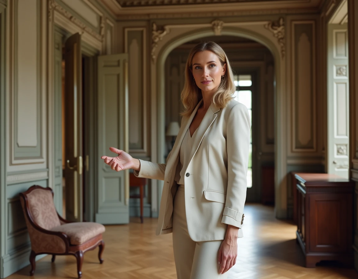 Femme présentant les caractéristiques architecturales d'une maison bourgeoise française adaptée au repérage de tournage cinématographique