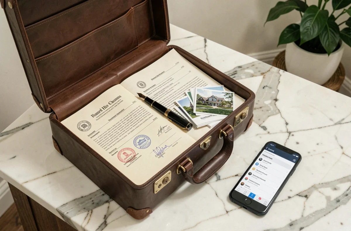 Mallette de notaire ouverte contenant des documents immobiliers, formulaires juridiques et photographies de biens sur un comptoir en marbre