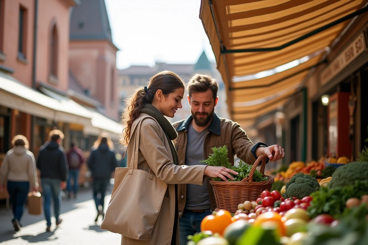 Couple faisant leurs courses au marché de la place des Carmes à Toulouse avec l'église en arrière-plan
