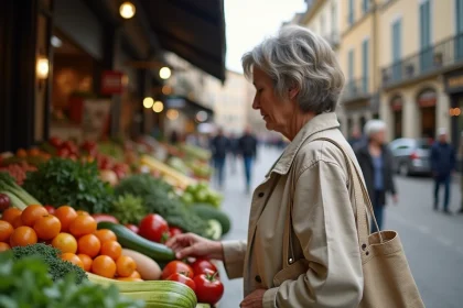 Femme faisant ses courses au marché de plein air dans un quartier de Saint-Étienne, illustration de la vie quotidienne et de la qualité de vie locale