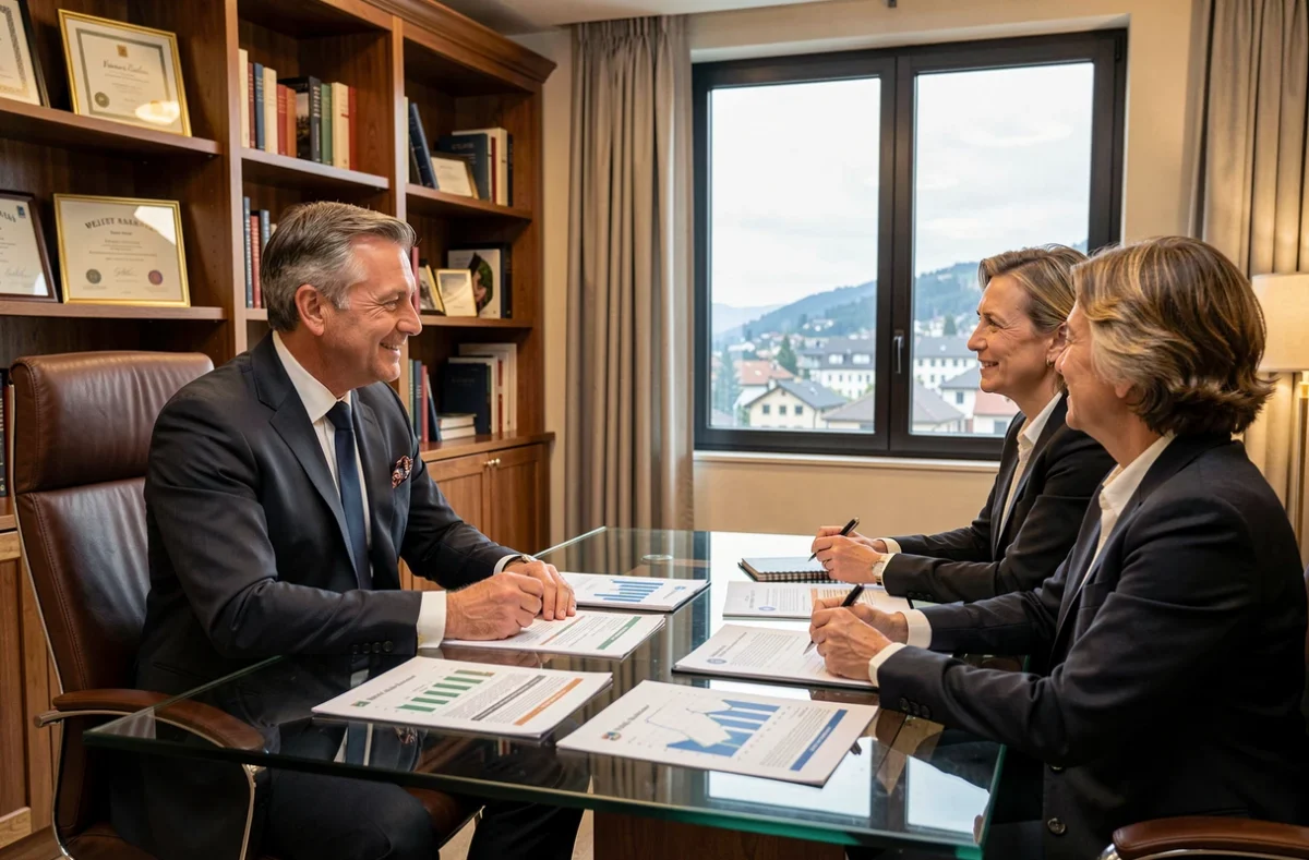 Conseiller en patrimoine immobilier de Medicis Patrimoine à Grenoble présentant une stratégie d'investissement immobilier à des clients.