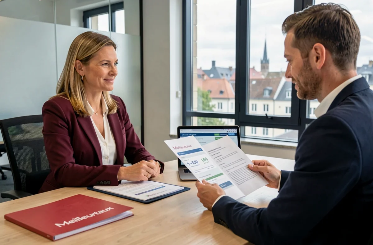 Courtière Meilleurtaux Metz présentant une comparaison de taux immobiliers à un client dans un bureau contemporain