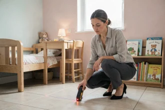 Architecte d'intérieur mesurant la superficie d'une petite chambre d'enfant avec un télémètre laser, contexte loi Carrez