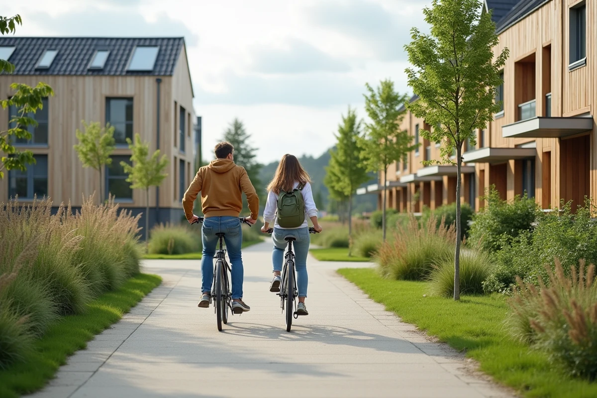 Couple à vélo dans l'écoquartier Lizé à Montigny-lès-Metz avec immeubles basse consommation en arrière-plan