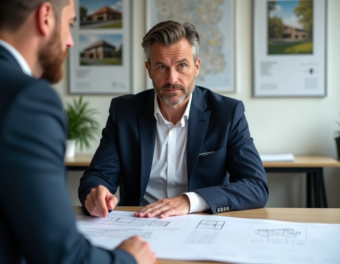 Promoteur immobilier de MV Residences dans son bureau isérois, présentant des plans architecturaux d'un programme résidentiel local.