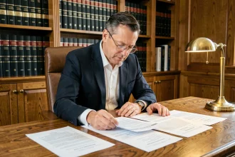 Notaire en costume marine analysant des documents immobiliers sur un bureau en chêne dans un cabinet professionnel