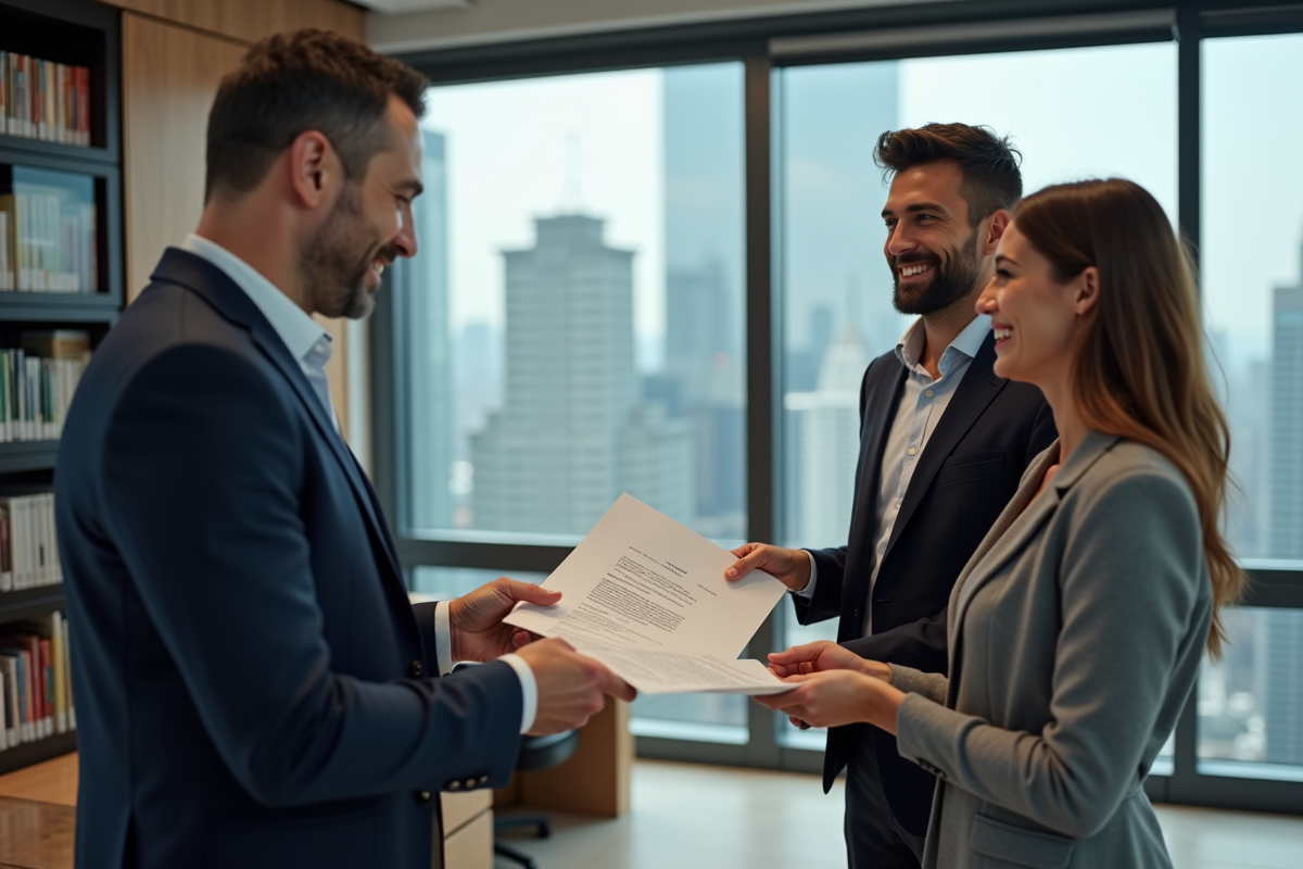 Notaire remettant des clés à un jeune couple dans un bureau avec vue urbaine