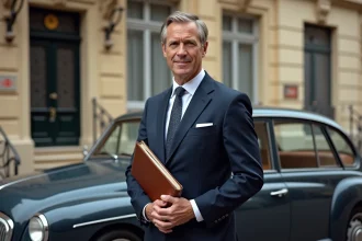 Notaire en costume devant une voiture ancienne à Limoges