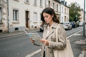 Jeune femme consultant une carte dans un quartier résidentiel vieillissant de Blois, illustrant la désorientation des nouveaux arrivants