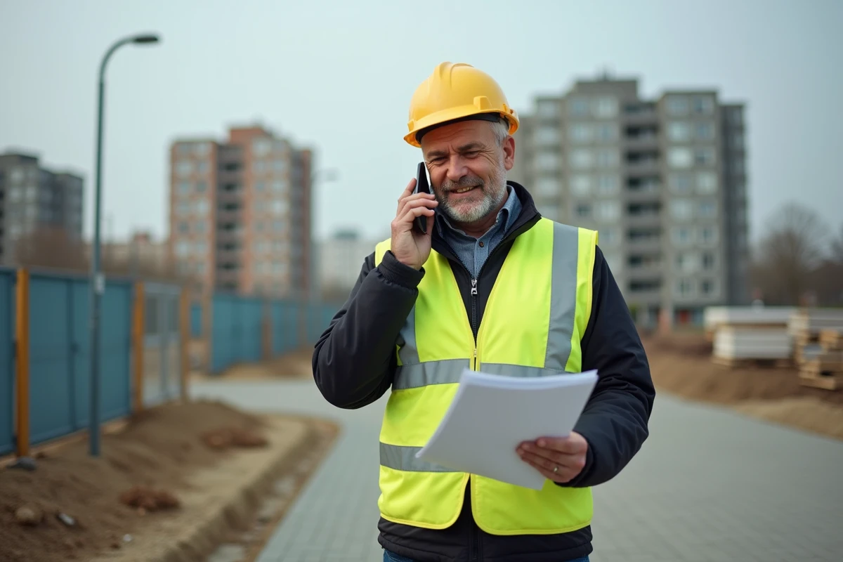 Ouvrier en chantier parlant au téléphone avec documents logement