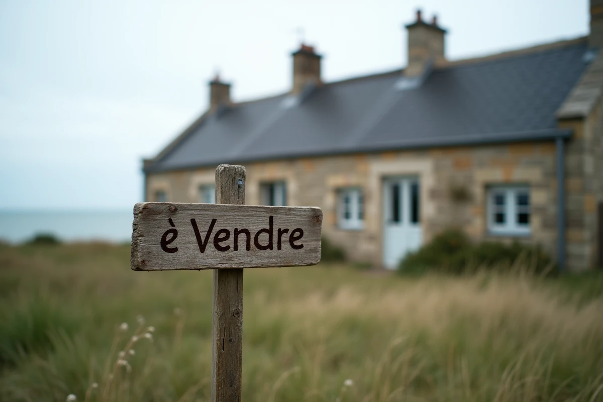 Panneau à vendre devant une maison en pierre normande avec vue sur la mer en Normandie