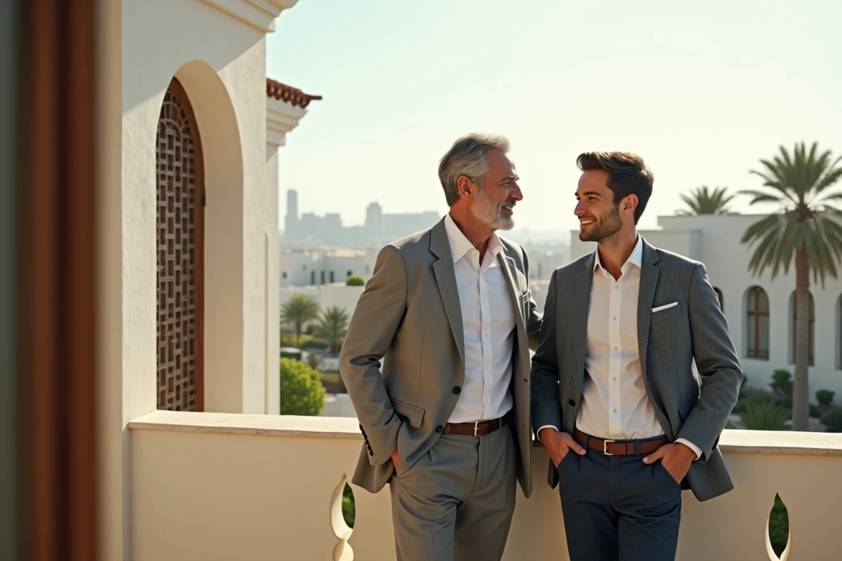 Père et fils discutant sur une terrasse à Jumeirah
