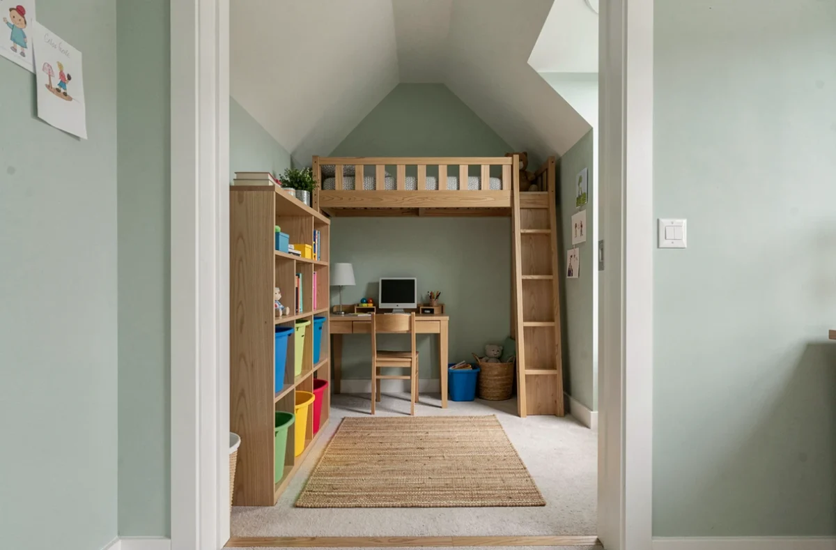 Petite chambre d'enfant optimisée avec lit mezzanine et plafond mansardé illustrant les contraintes de superficie loi Carrez