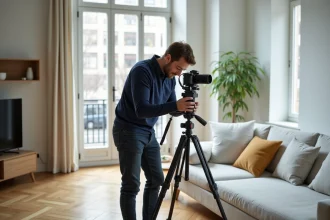 Photographe immobilier professionnel positionnant son appareil sur trépied dans un salon moderne pour une visite virtuelle