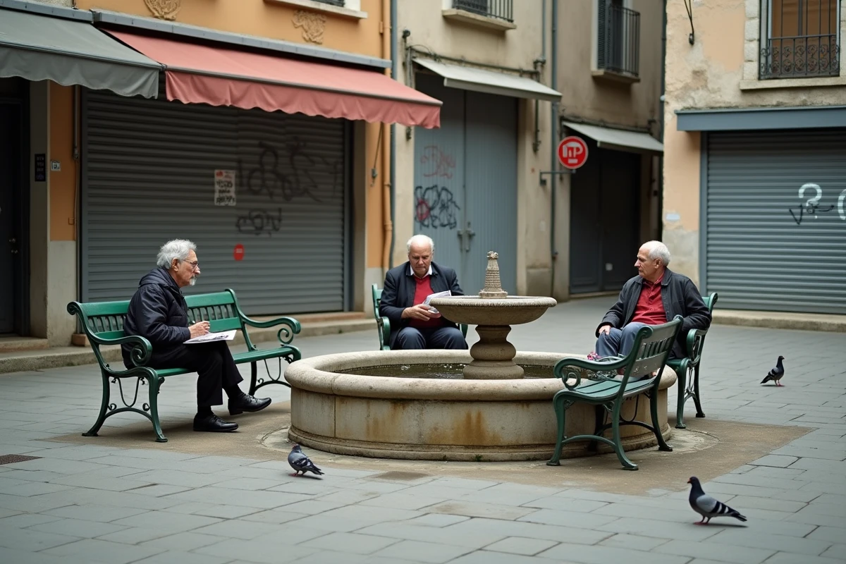 Place publique d'un quartier défavorisé d'Alès avec habitants sur des bancs et commerces fermés