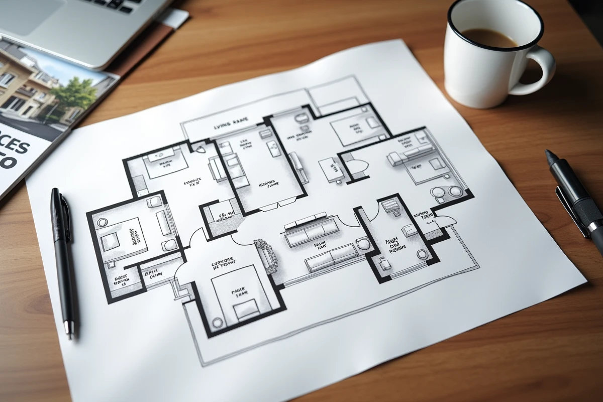 Plan d'un appartement T3 avec deux chambres annoté sur papier posé sur un bureau