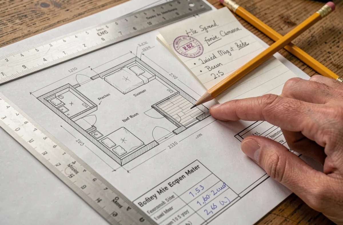 Plan architectural d'une chambre d'enfant avec calculs de superficie loi Carrez et outils de mesure sur une table de travail
