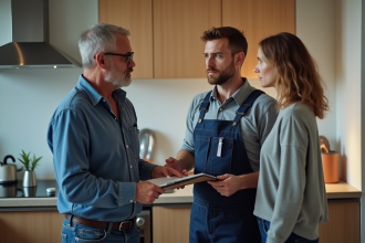 Plombier en uniforme discute avec un couple inquiet dans la cuisine