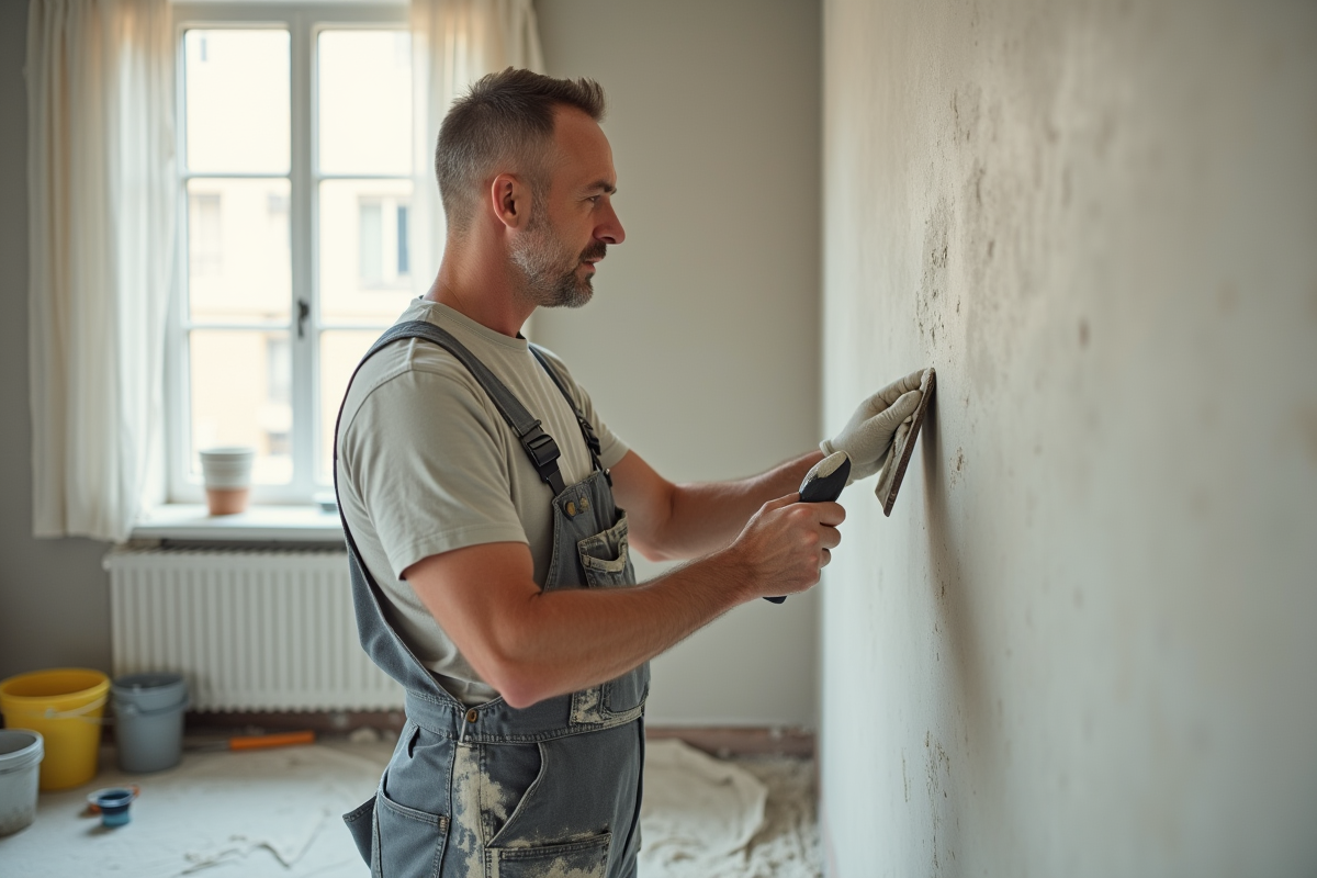 Plombier moyen age inspectant un mur en plâtre