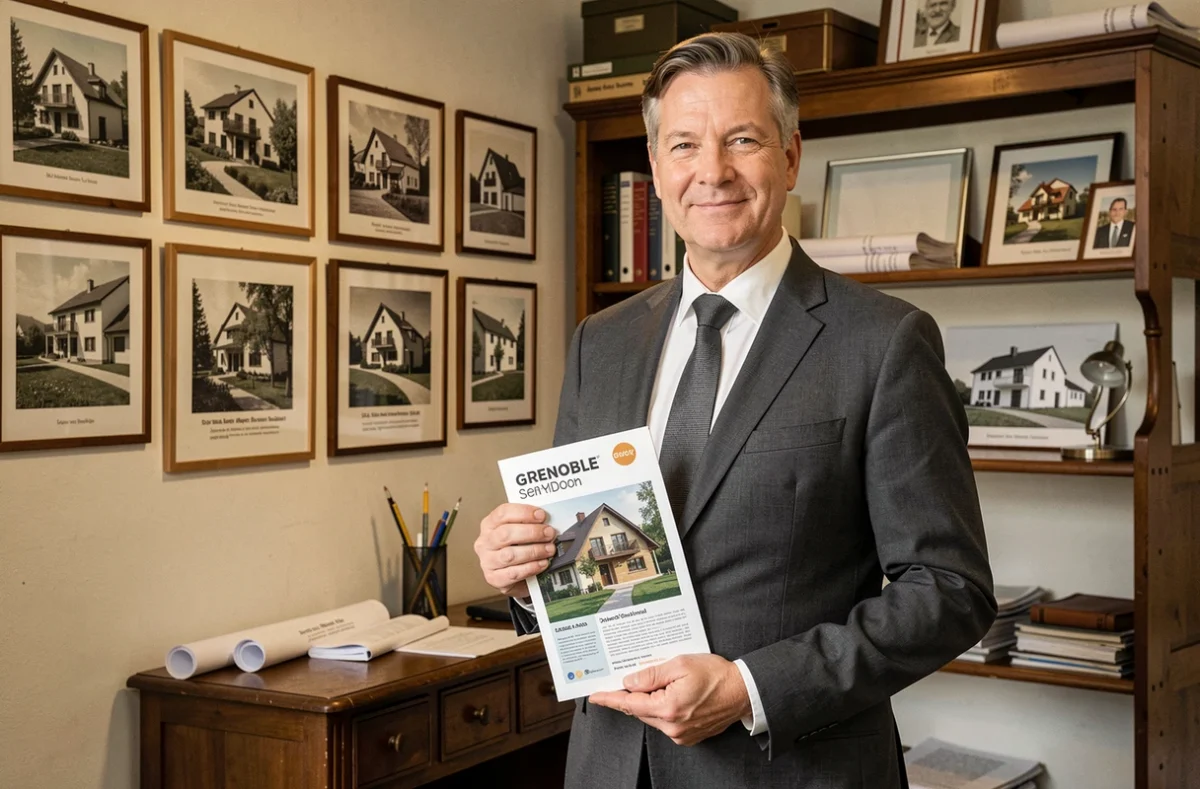 Promoteur immobilier local de Plurimmo dans son bureau isérois, entouré de l'histoire de ses programmes résidentiels depuis 1993.