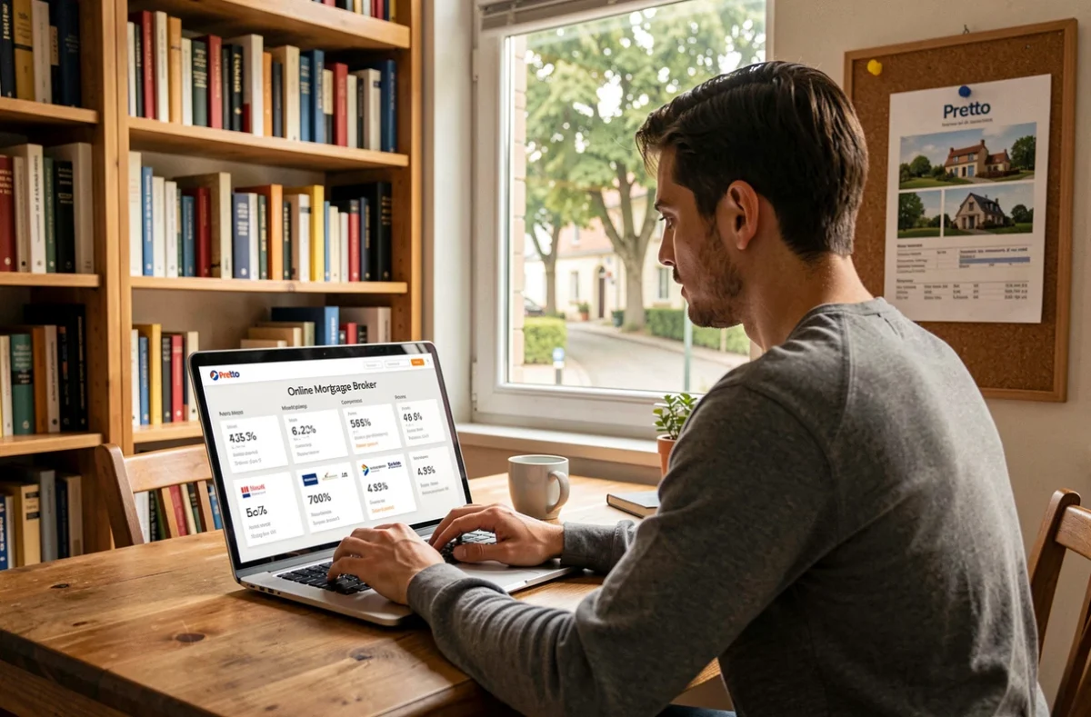 Jeune professionnel comparant des offres de prêt immobilier en ligne avec Pretto depuis son appartement en Moselle